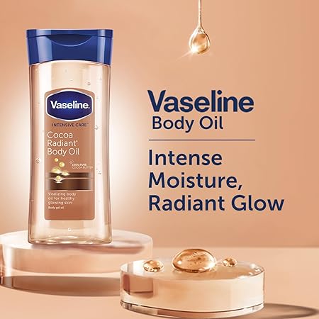 Vaseline Intensive Care Cocoa Radiant Vitalizing Body Oil With 100% Pure Cocoa Butter & Replenishing Oils For Long-Lasting Radiant Glow| Non-Greasy Body Gel Oil for Healthy & Glowing Skin| 200 ml