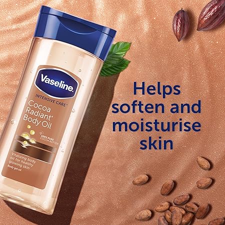 Vaseline Intensive Care Cocoa Radiant Vitalizing Body Oil With 100% Pure Cocoa Butter & Replenishing Oils For Long-Lasting Radiant Glow| Non-Greasy Body Gel Oil for Healthy & Glowing Skin| 200 ml