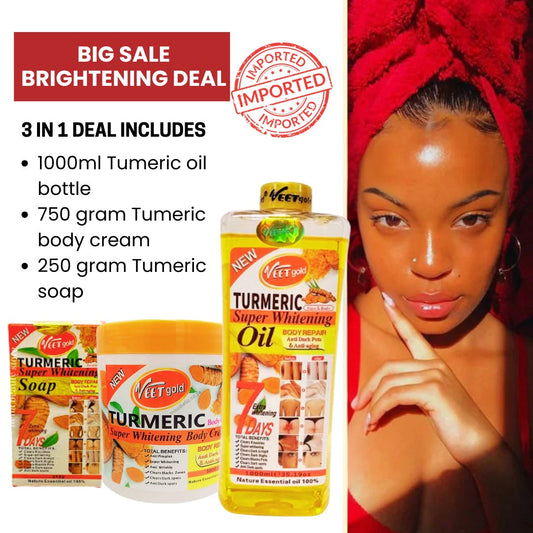 Turmeric Bright Glow 3 in 1 Deal Essential Oil (1000ml) + Body Cream (750g) + Turmeric Soap ( 250G ) (Original Import)